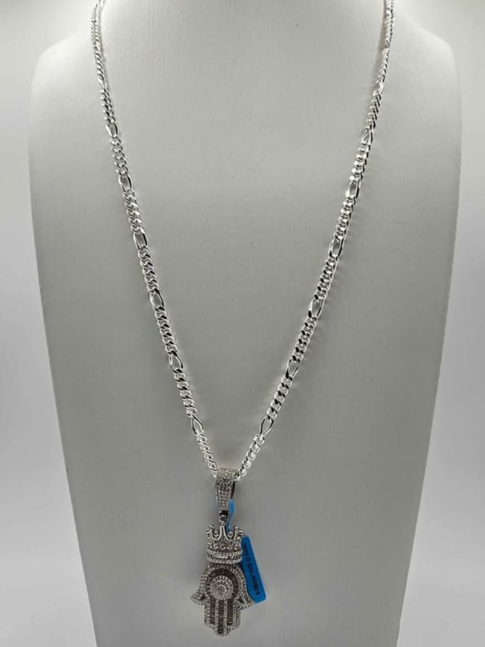 NWT 26" Italian Silver Figaro Chain & Iced Moissanite Hamsa